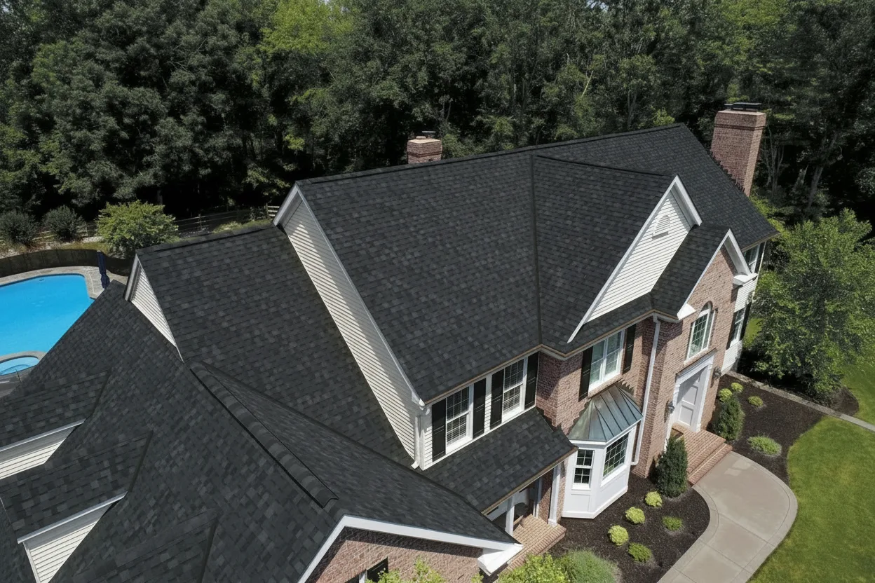 Beige house with Black roof using Dynasty Granite Black