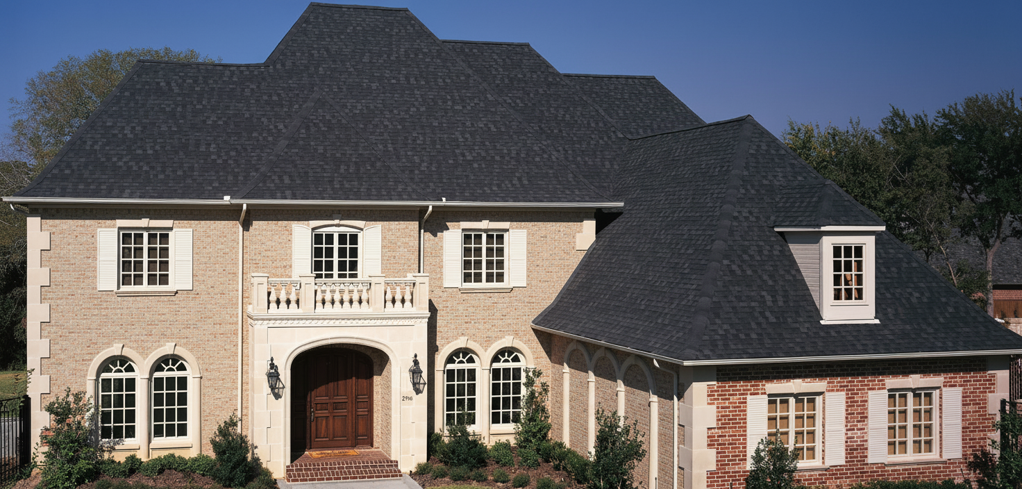 Beige house with Black roof using Heritage Rustic Black