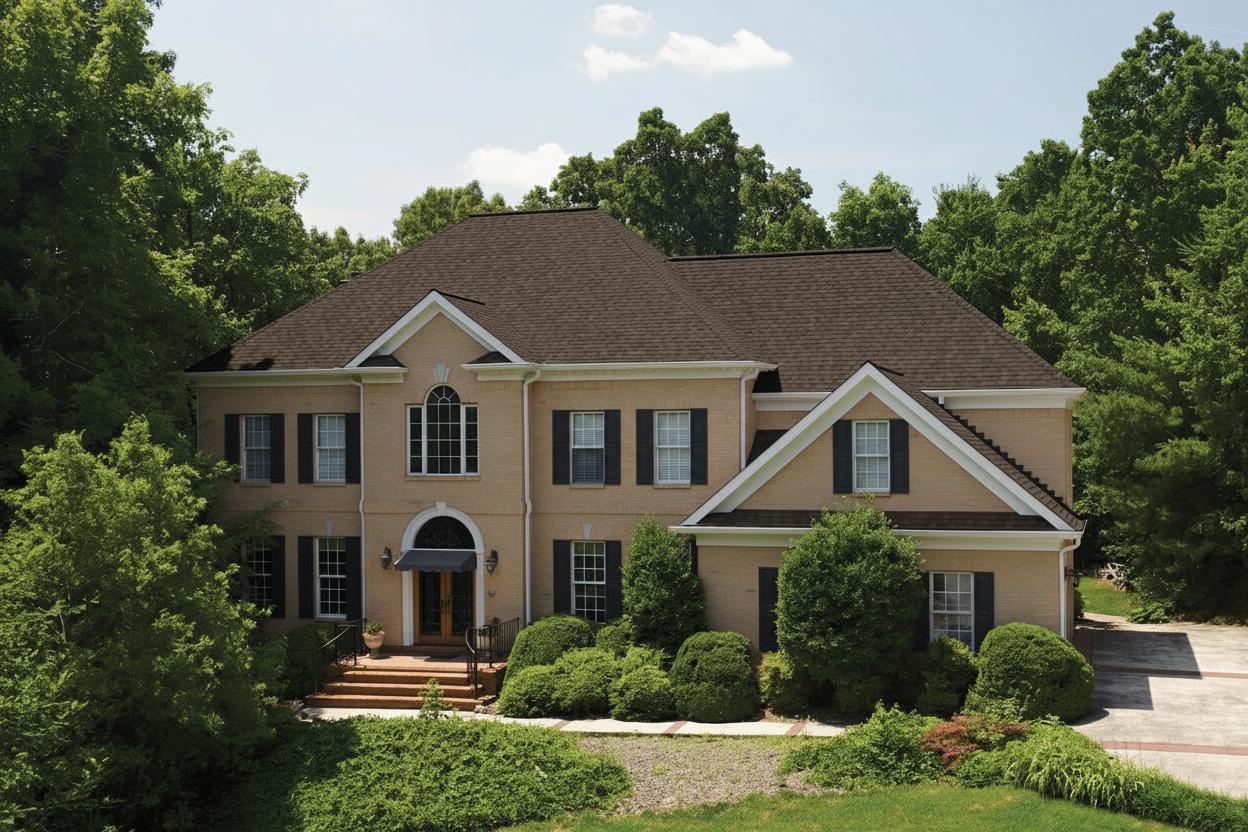 Beige house with Brown roof using Landmark Pro Max Def Heather Blend