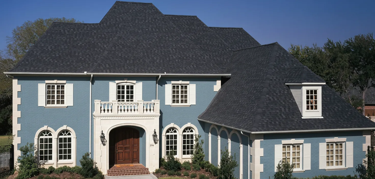 Blue house with Black roof using Heritage Rustic Black