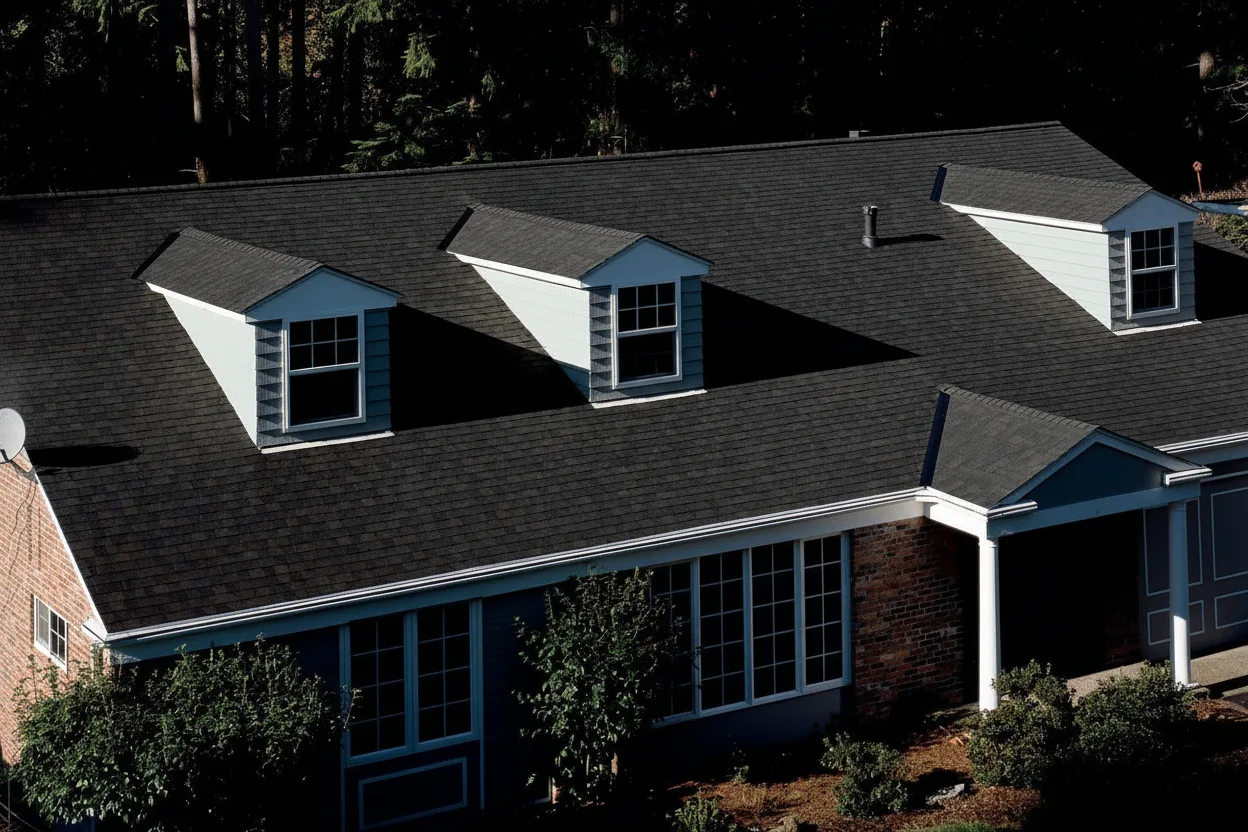 Blue house with Brown roof using Landmark Black Walnut