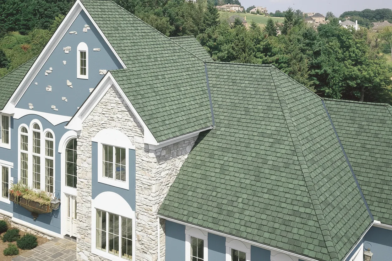 Blue house with Charcoal roof using Grand Manor Sherwood Forest