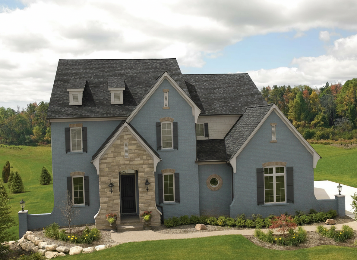 Blue house with Charcoal roof using Cambridge Harvard Slate