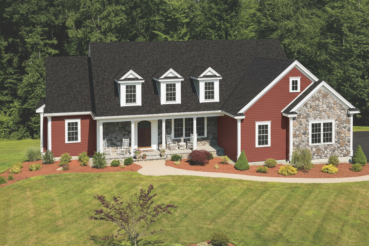 Brick Red house with Black roof using Cambridge Dual Black