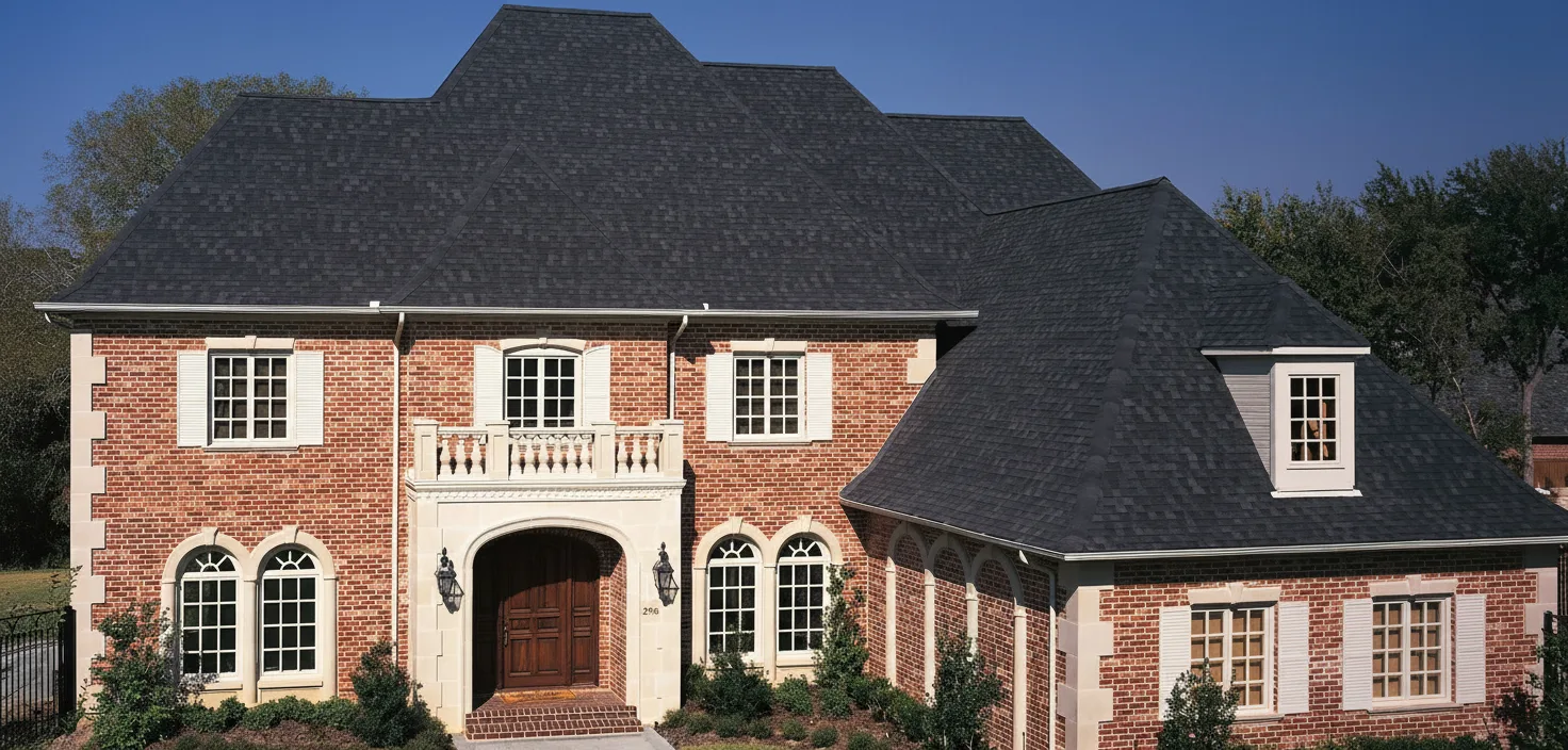 Brick Red house with Black roof using Heritage Rustic Black