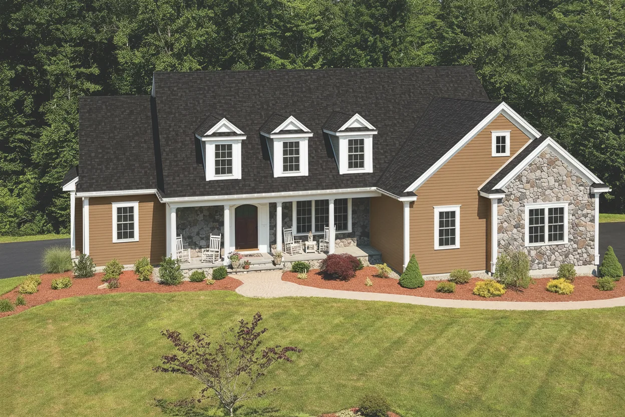 Brown house with Black roof using Cambridge Dual Black