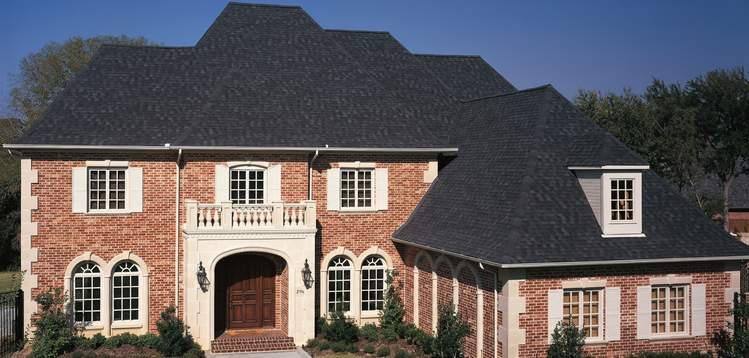 Brown house with Black roof using Heritage Rustic Black