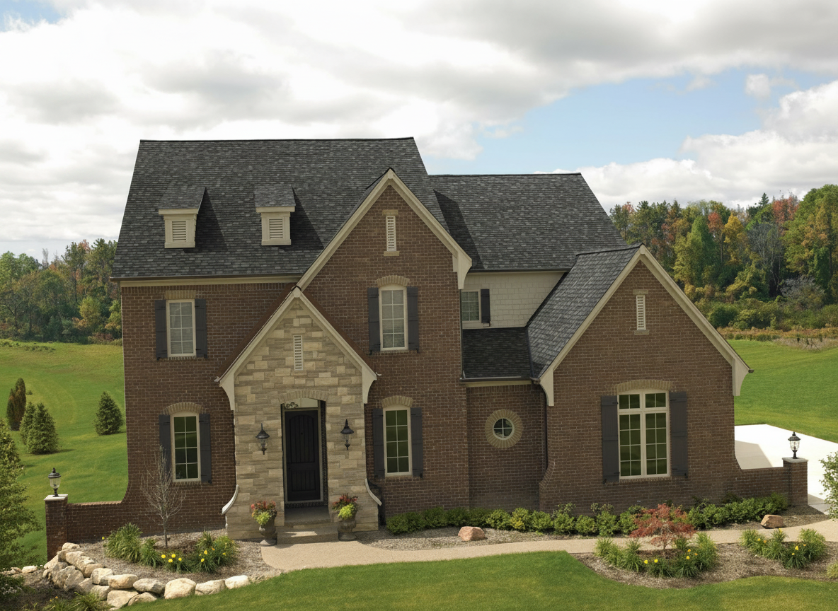Brown house with Charcoal roof using Cambridge Harvard Slate