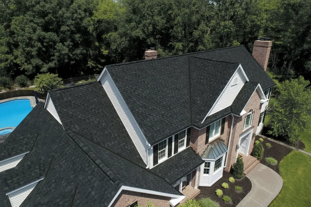 Cream house with Black roof using Dynasty Granite Black