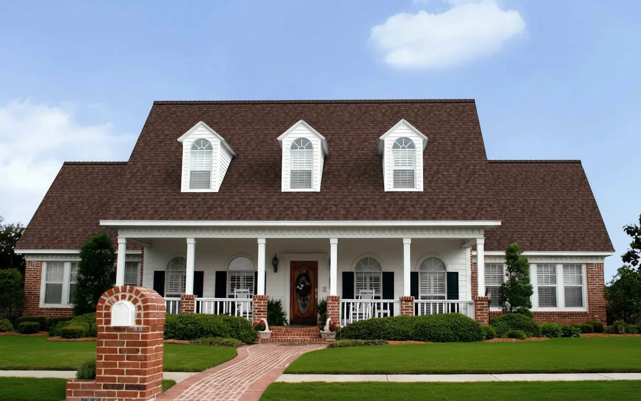 Cream house with Brown roof using Duration Brownwood