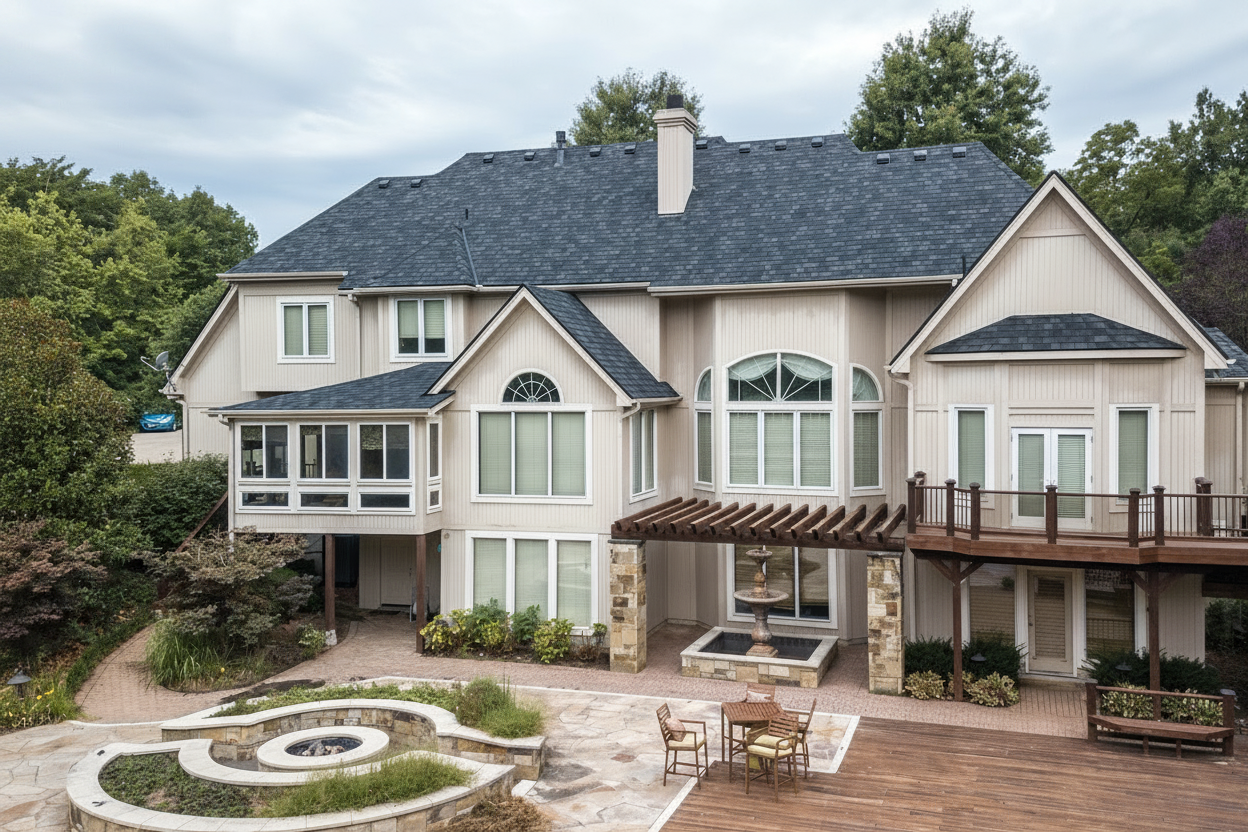 Cream house with Charcoal roof using Belmont Black Granite