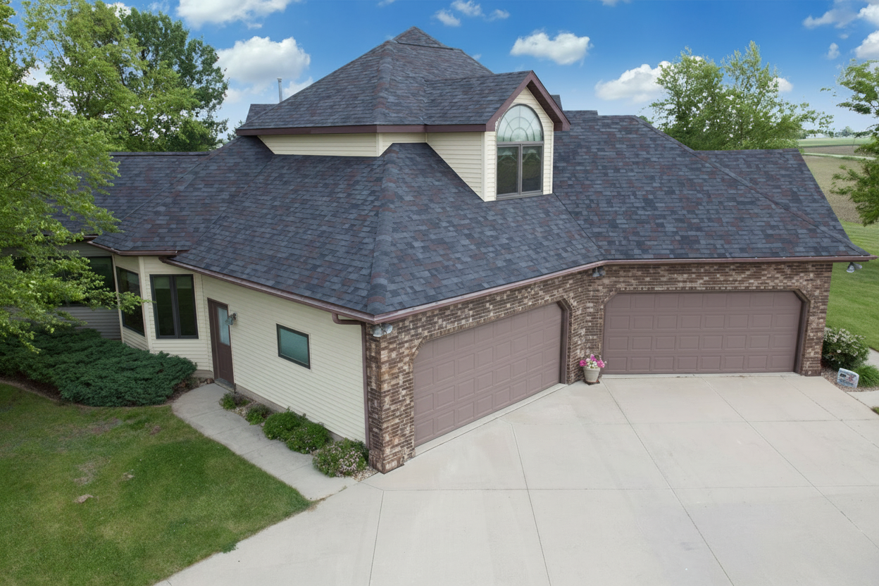Cream house with Charcoal roof using Vista Black Oak