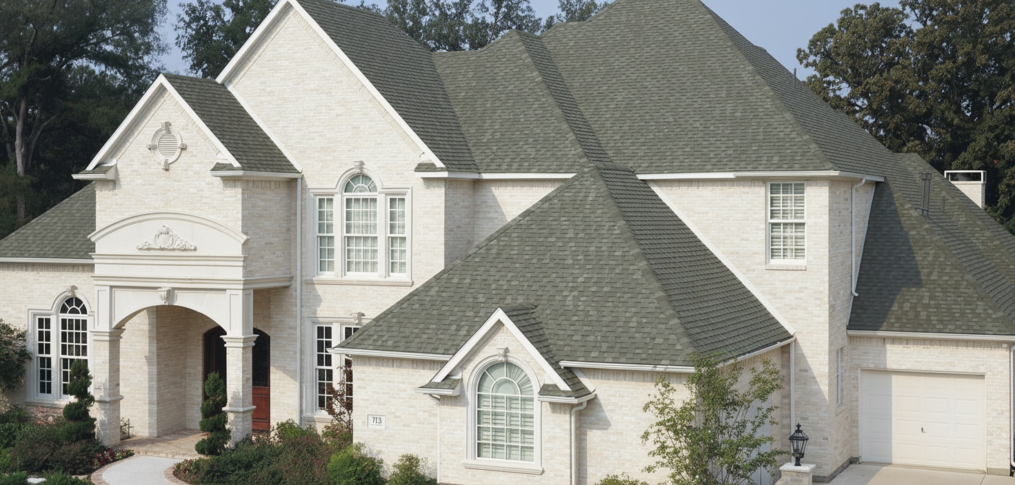 Cream house with Charcoal roof using Heritage Oxford Grey