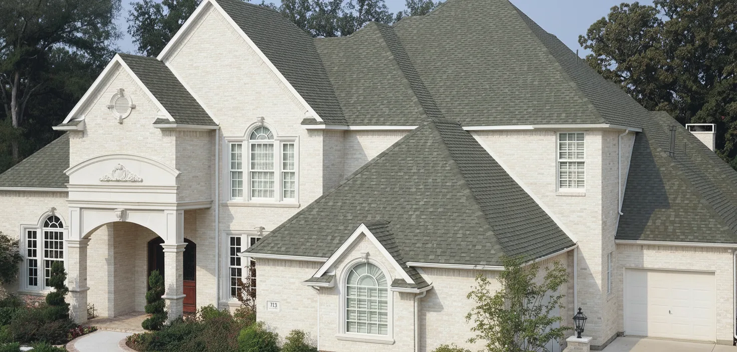 Cream house with Charcoal roof using Heritage Oxford Grey