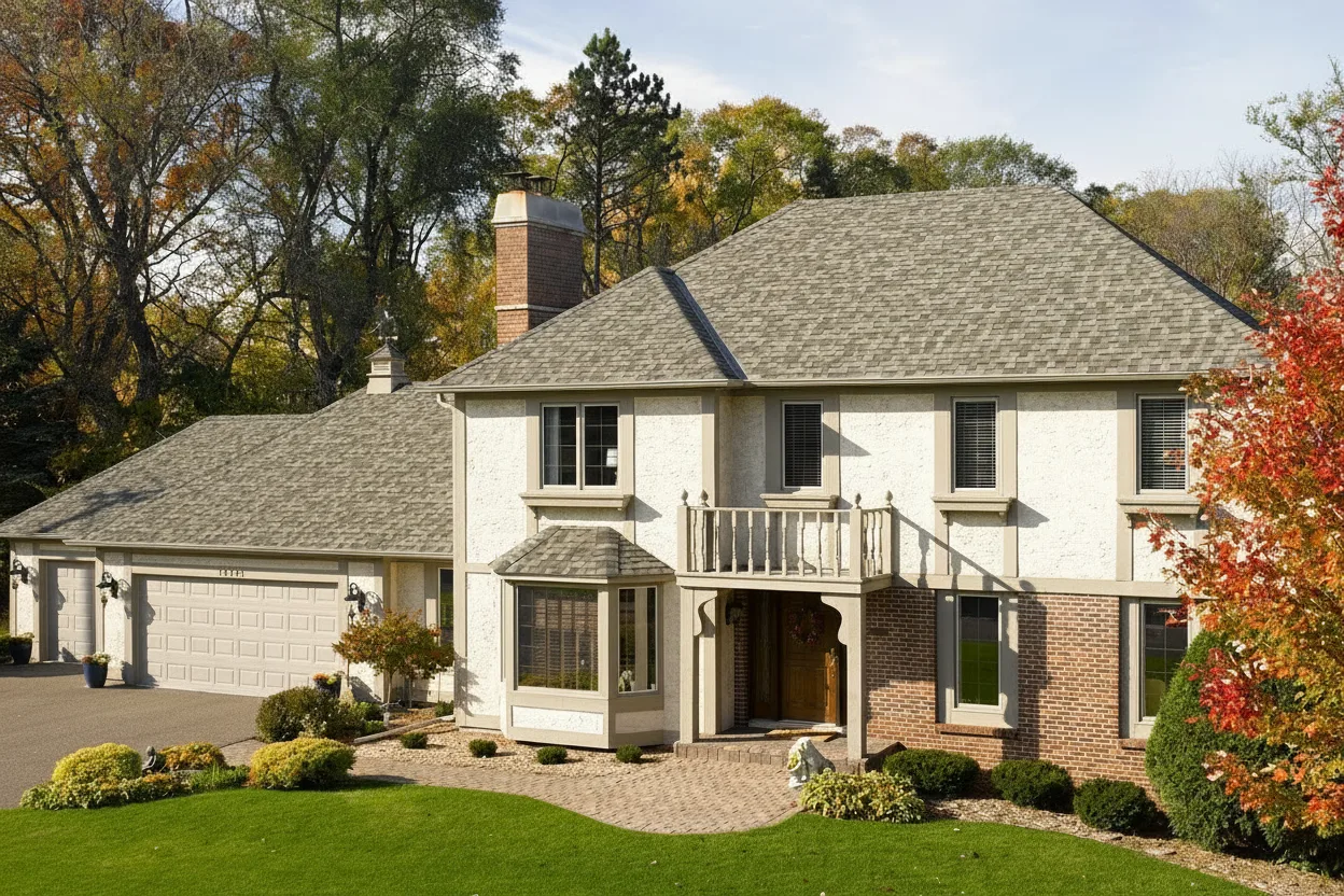 Cream house with Weathered Wood roof using Northgate Climateflex Max Def Weathered Wood