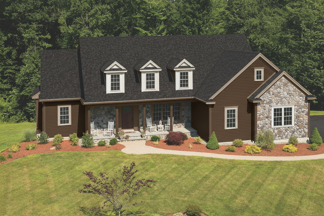 Dark Brown house with Black roof using Cambridge Dual Black