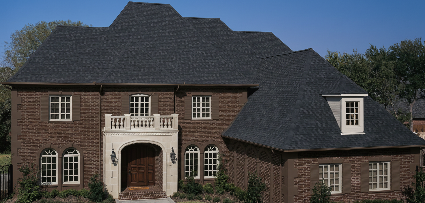 Dark Brown house with Black roof using Heritage Rustic Black