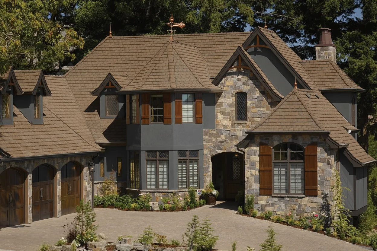 Dark Gray house with Brown roof using Grand Manor Brownstone
