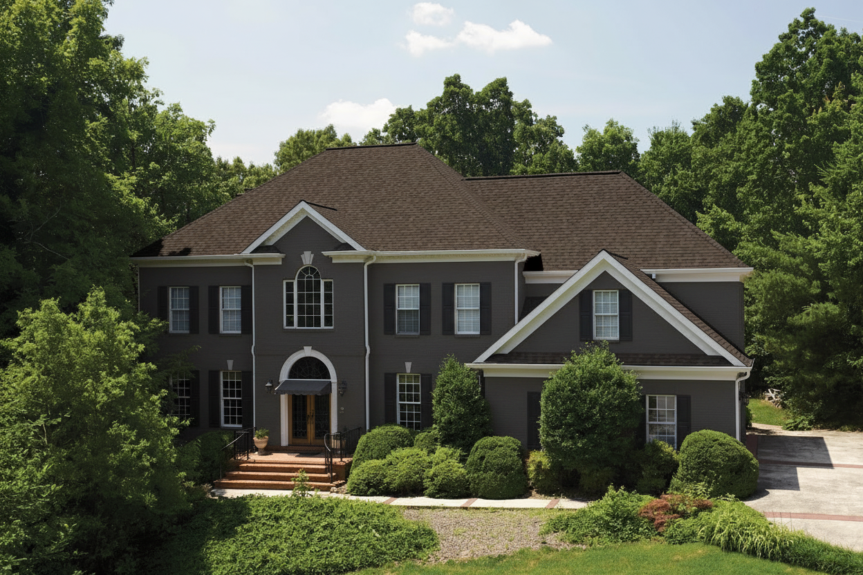 Dark Gray house with Brown roof using Landmark Pro Max Def Heather Blend