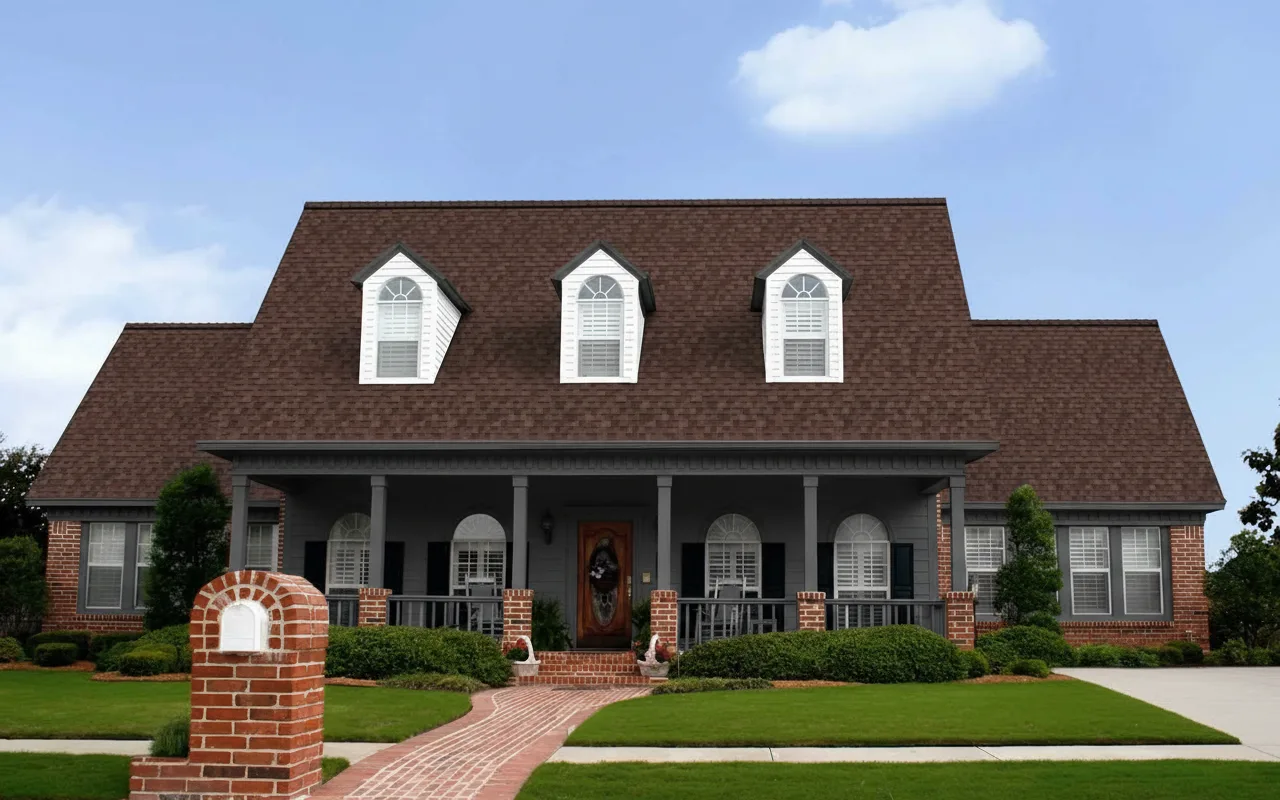 Dark Gray house with Brown roof using Duration Brownwood