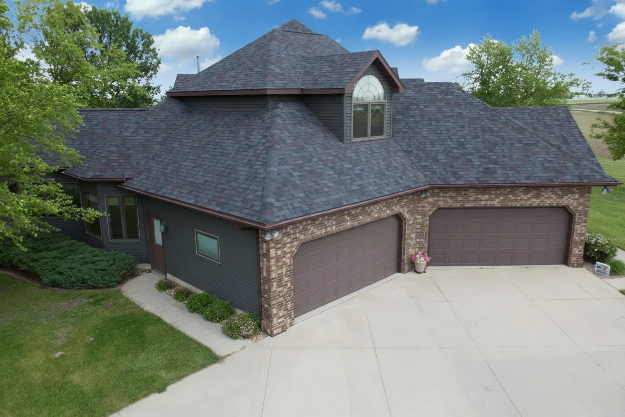 Dark Gray house with Charcoal roof using Vista Black Oak