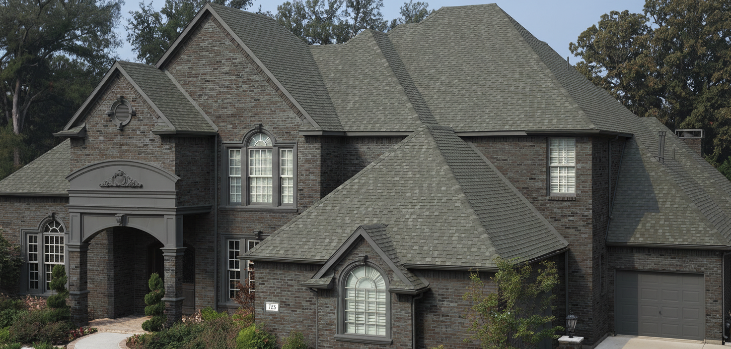 Dark Gray house with Charcoal roof using Heritage Oxford Grey