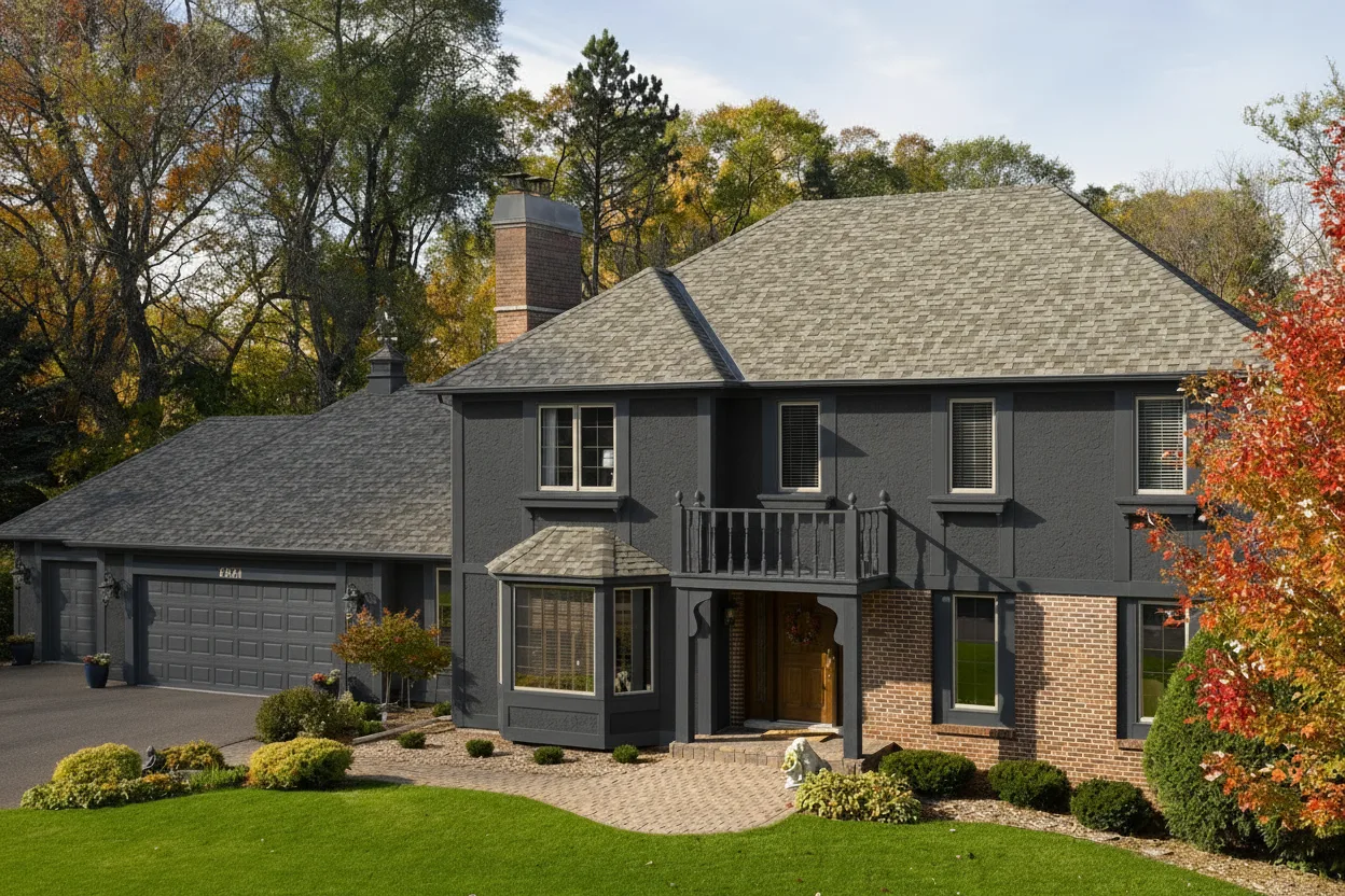 Dark Gray house with Weathered Wood roof using Northgate Climateflex Max Def Weathered Wood