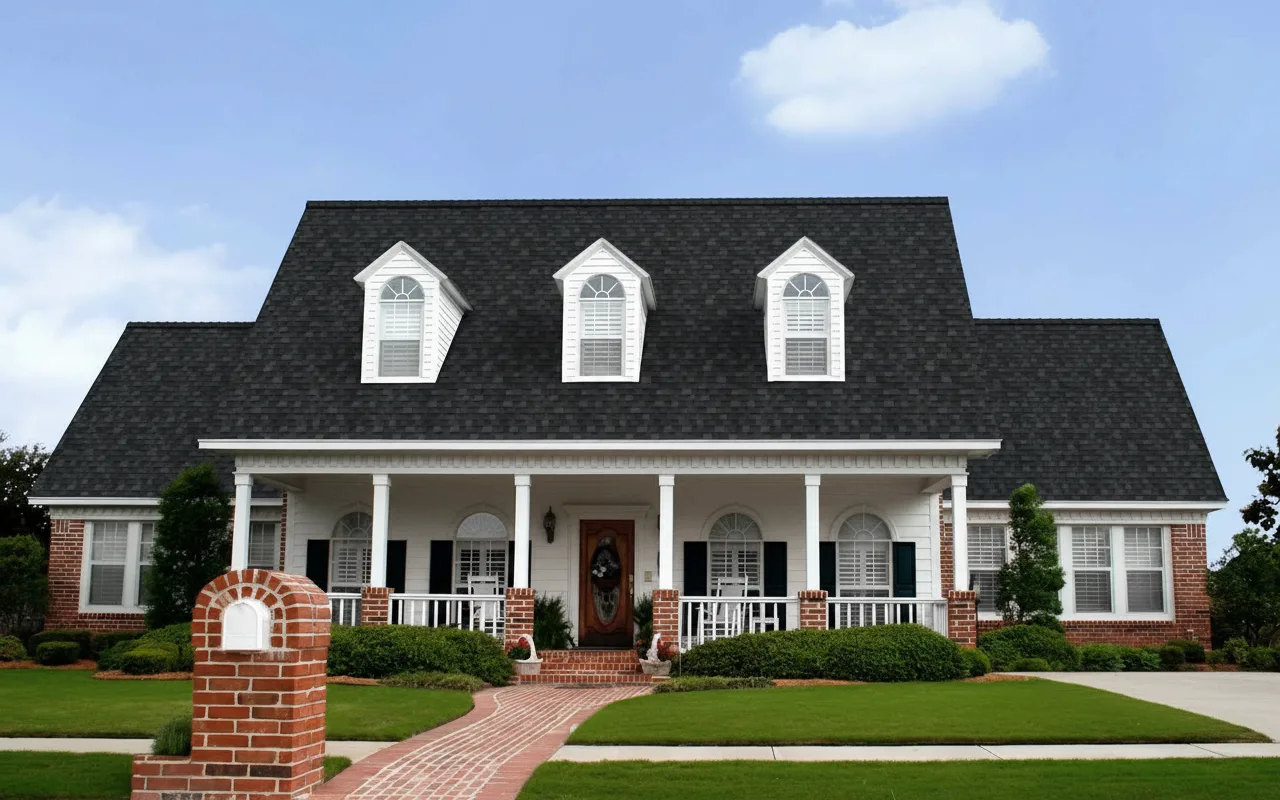 Greige house with Black roof using Duration Onyx Black