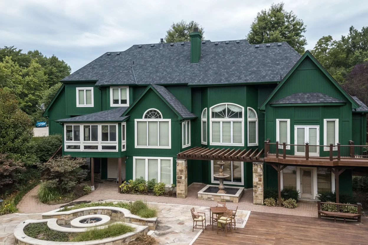 Hunter Green house with Charcoal roof using Belmont Black Granite