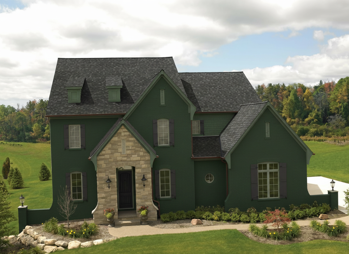 Hunter Green house with Charcoal roof using Cambridge Harvard Slate