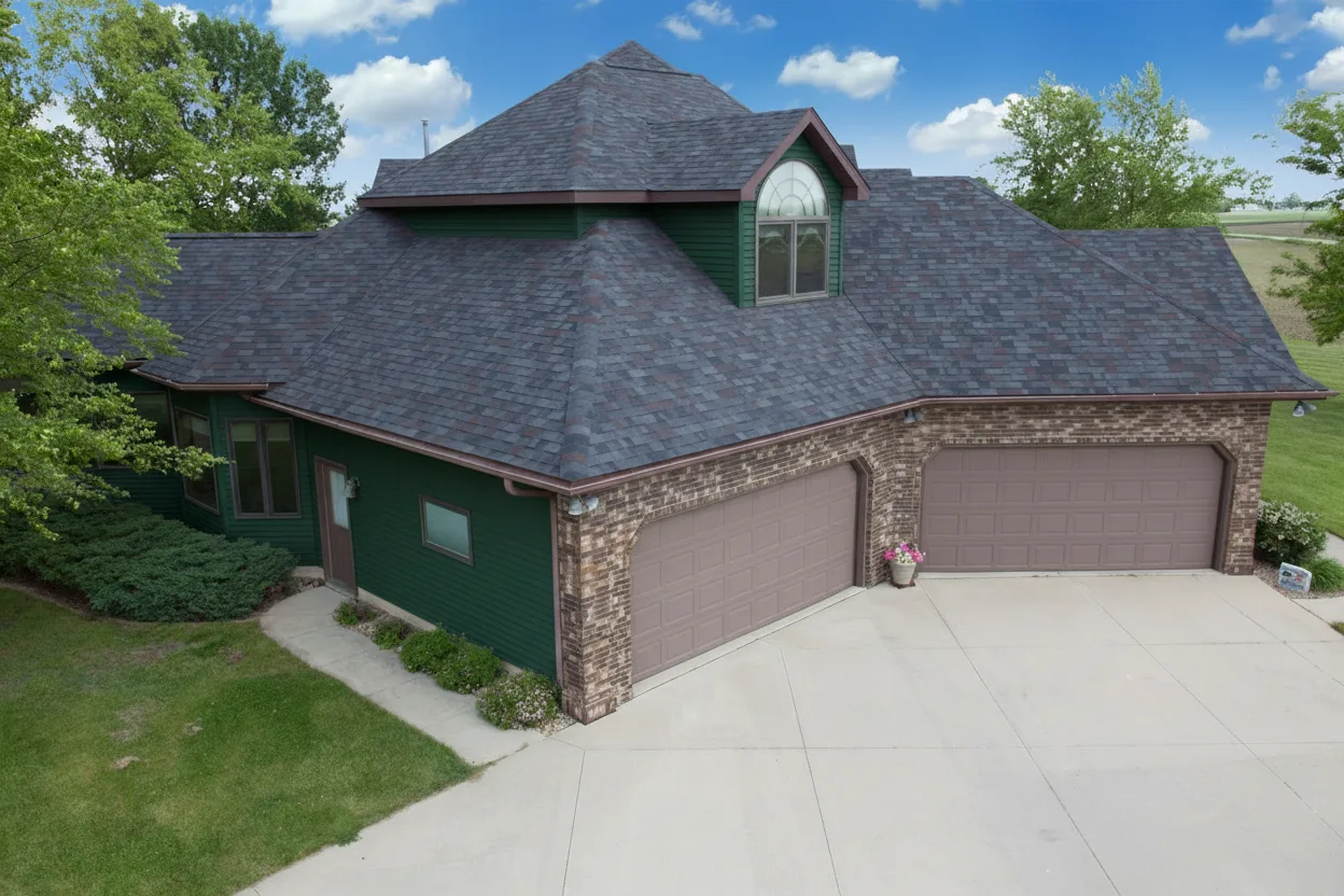 Hunter Green house with Charcoal roof using Vista Black Oak