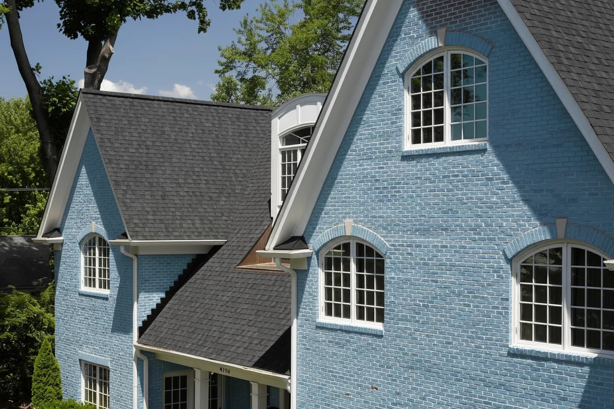 Light Blue house with Black roof