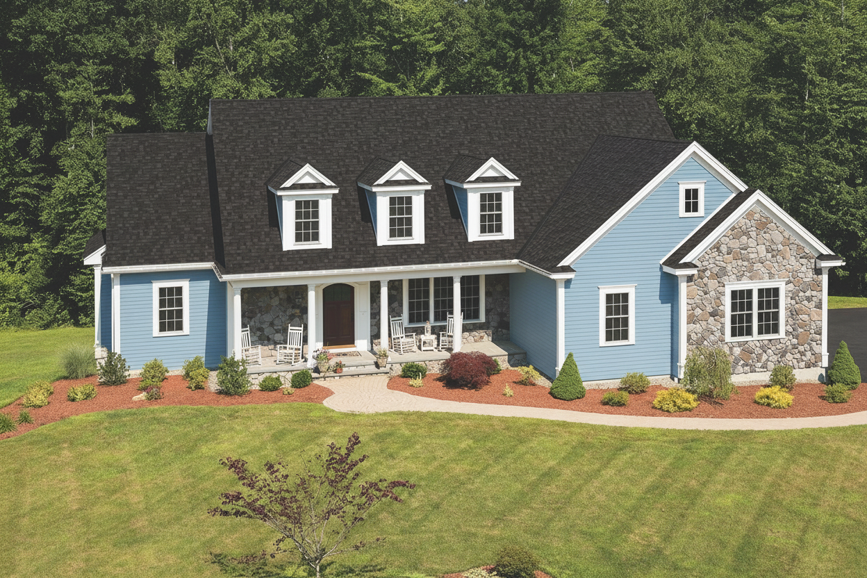Light Blue house with Black roof using Cambridge Dual Black
