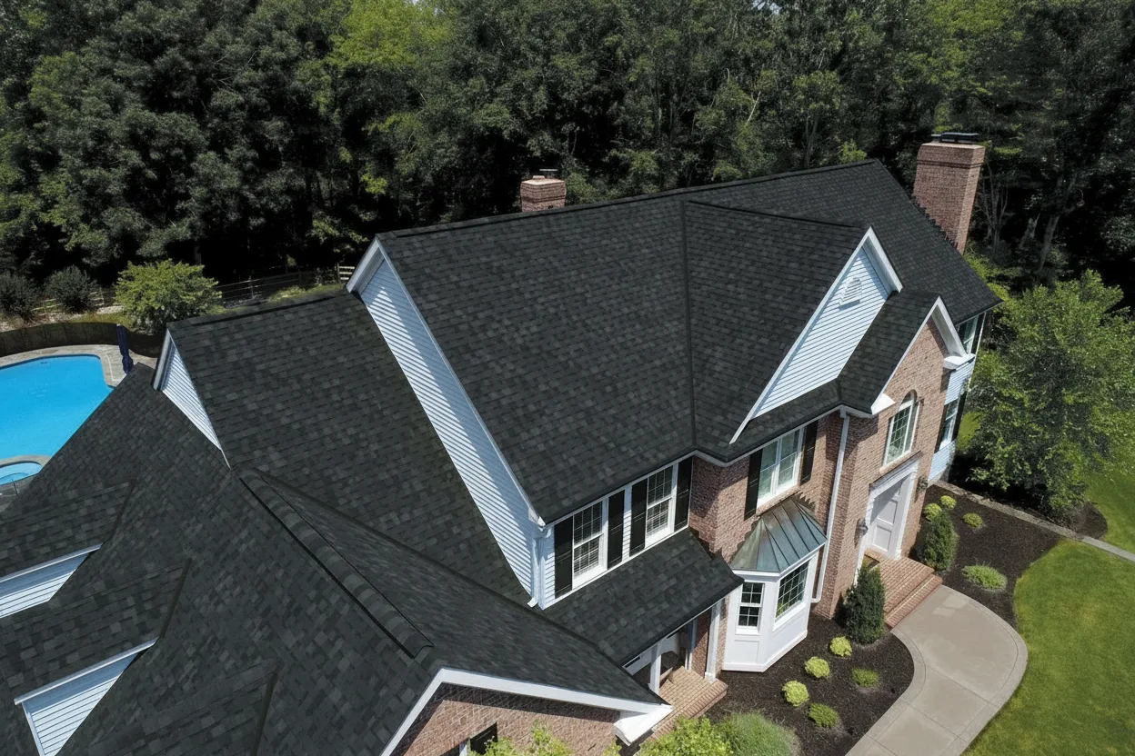 Light Blue house with Black roof using Dynasty Granite Black