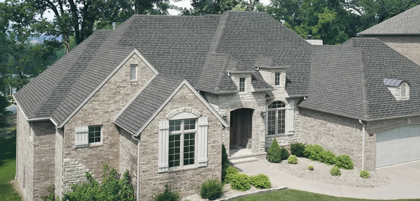 Light Gray house with Charcoal roof using Heritage Virginia Slate