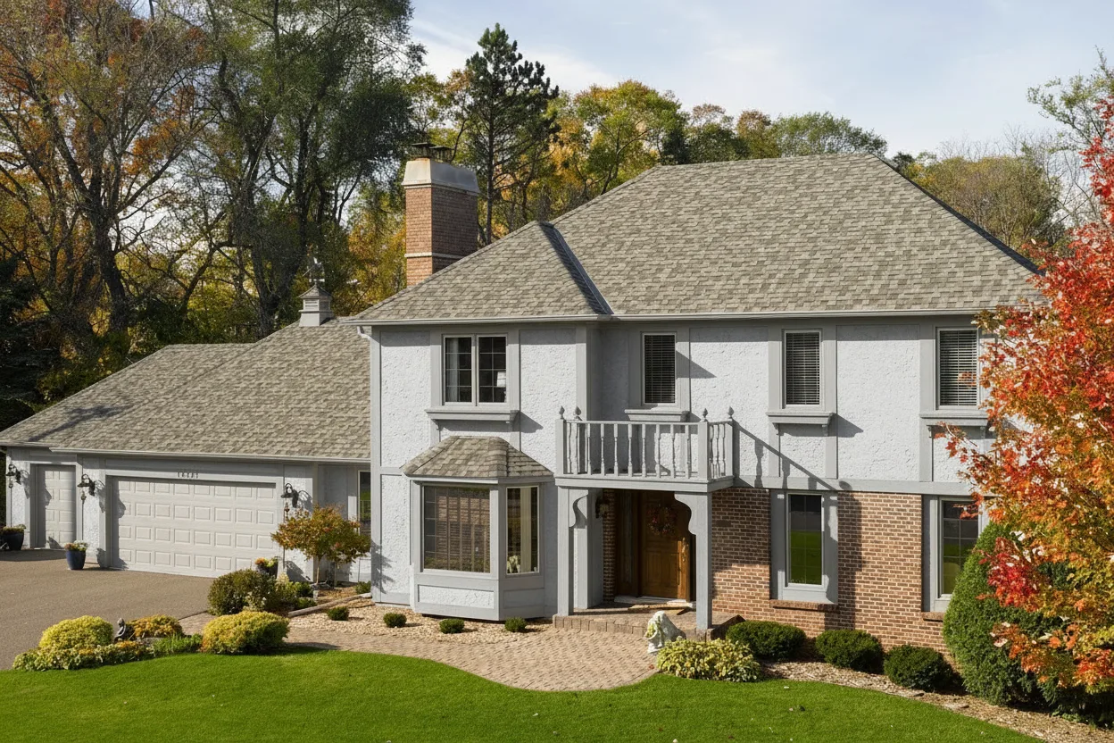 Light Gray house with Weathered Wood roof using Northgate Climateflex Max Def Weathered Wood