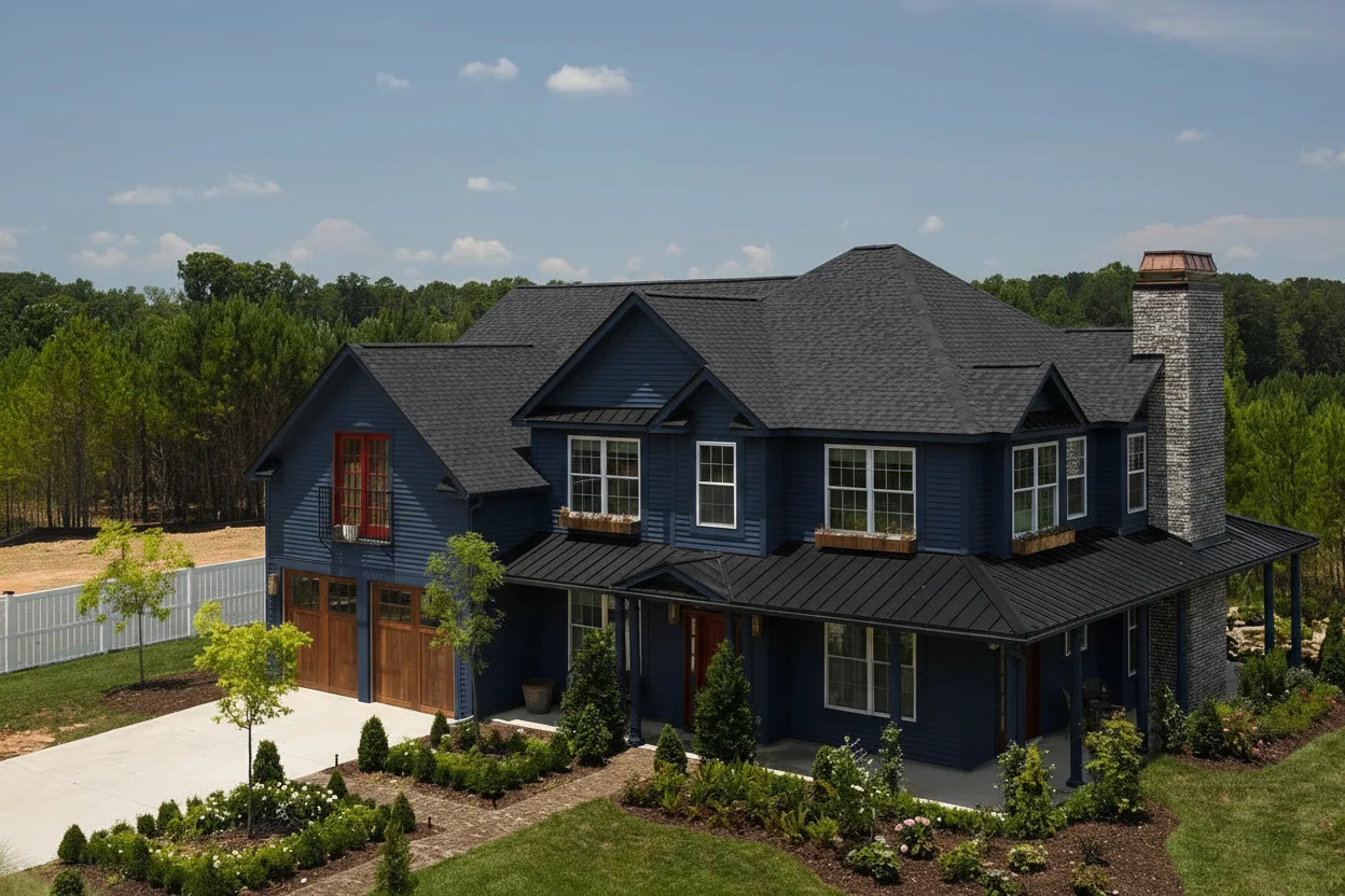 Navy house with Black roof using Landmark Pro Cinder Black