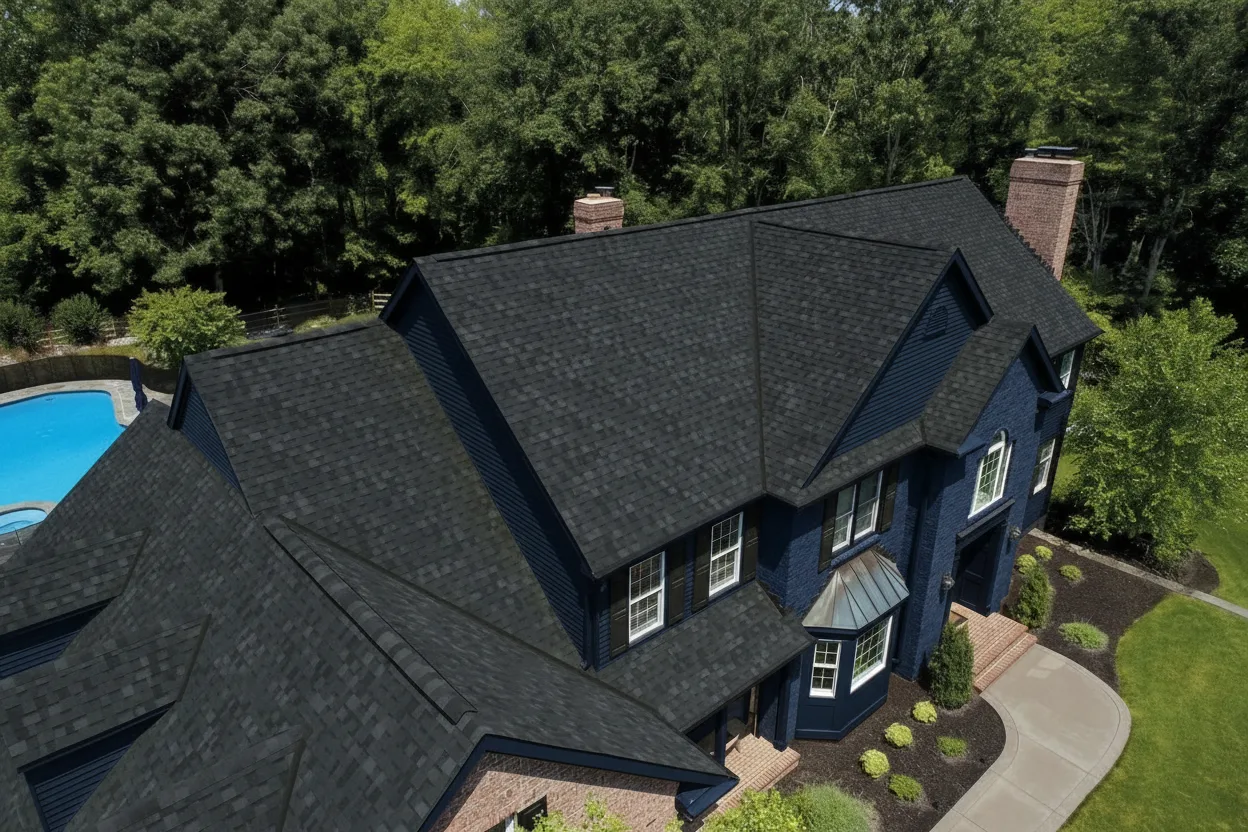 Navy house with Black roof using Dynasty Granite Black