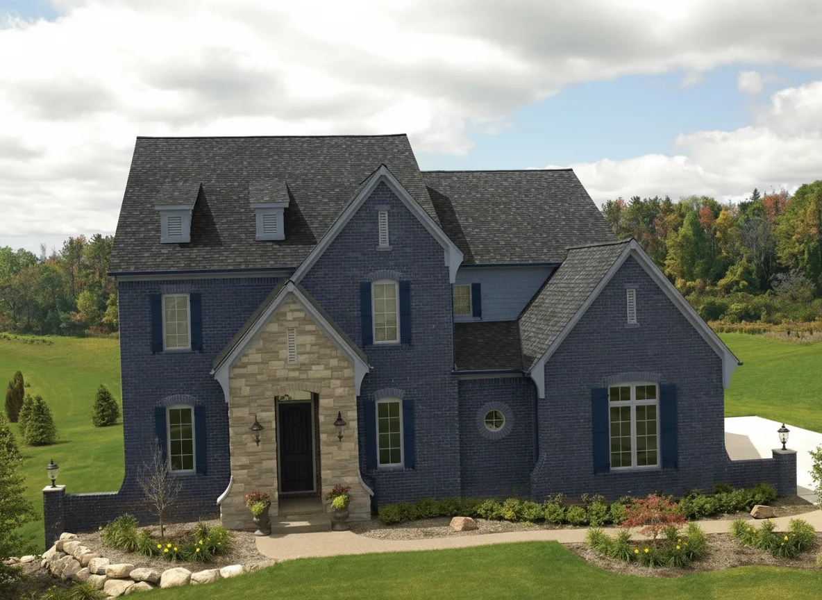 Navy house with Charcoal roof using Cambridge Harvard Slate