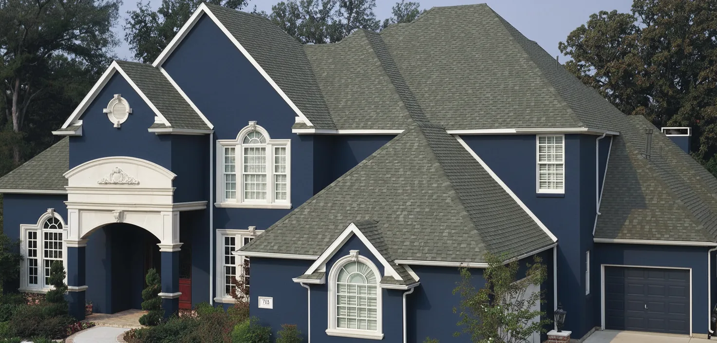 Navy house with Charcoal roof using Heritage Oxford Grey
