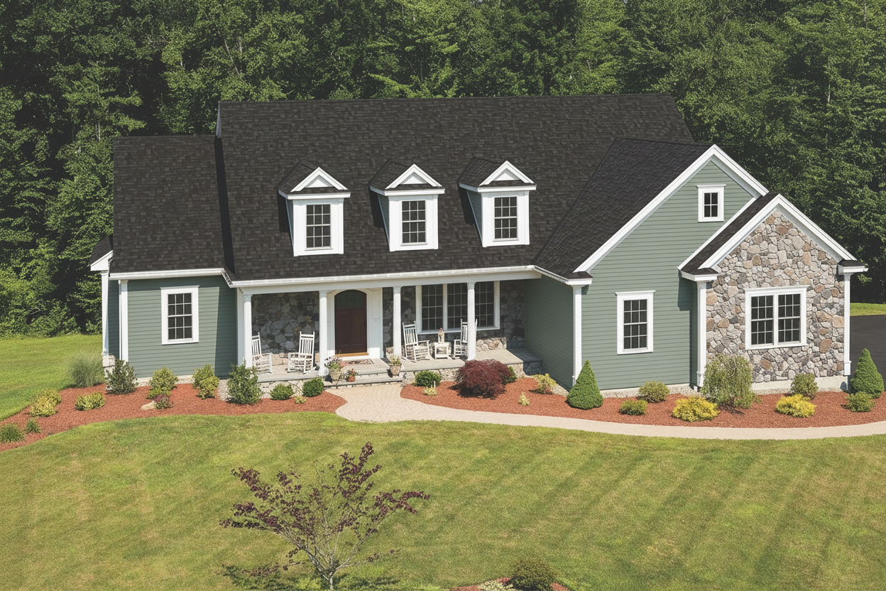 Sage Green house with Black roof using Cambridge Dual Black