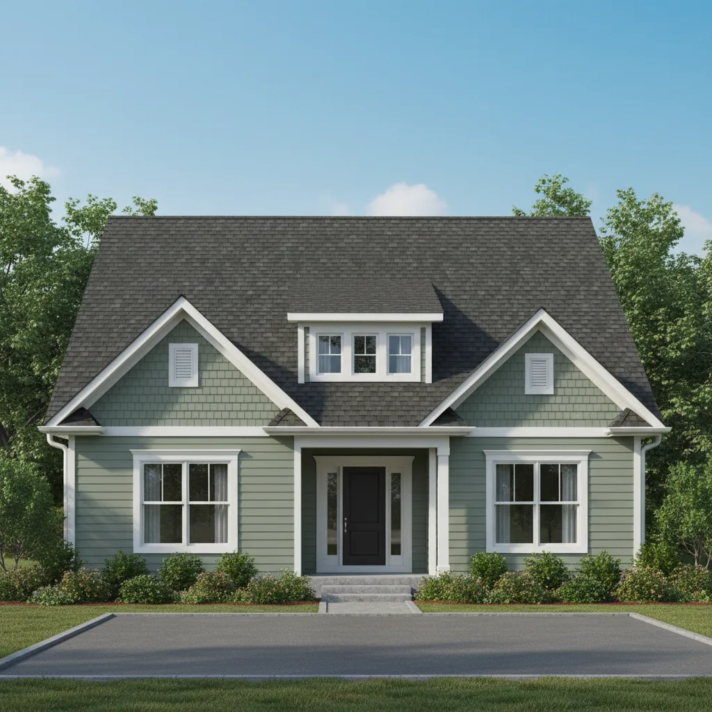 Sage Green house with Black roof using Royal Estate Shadow Slate