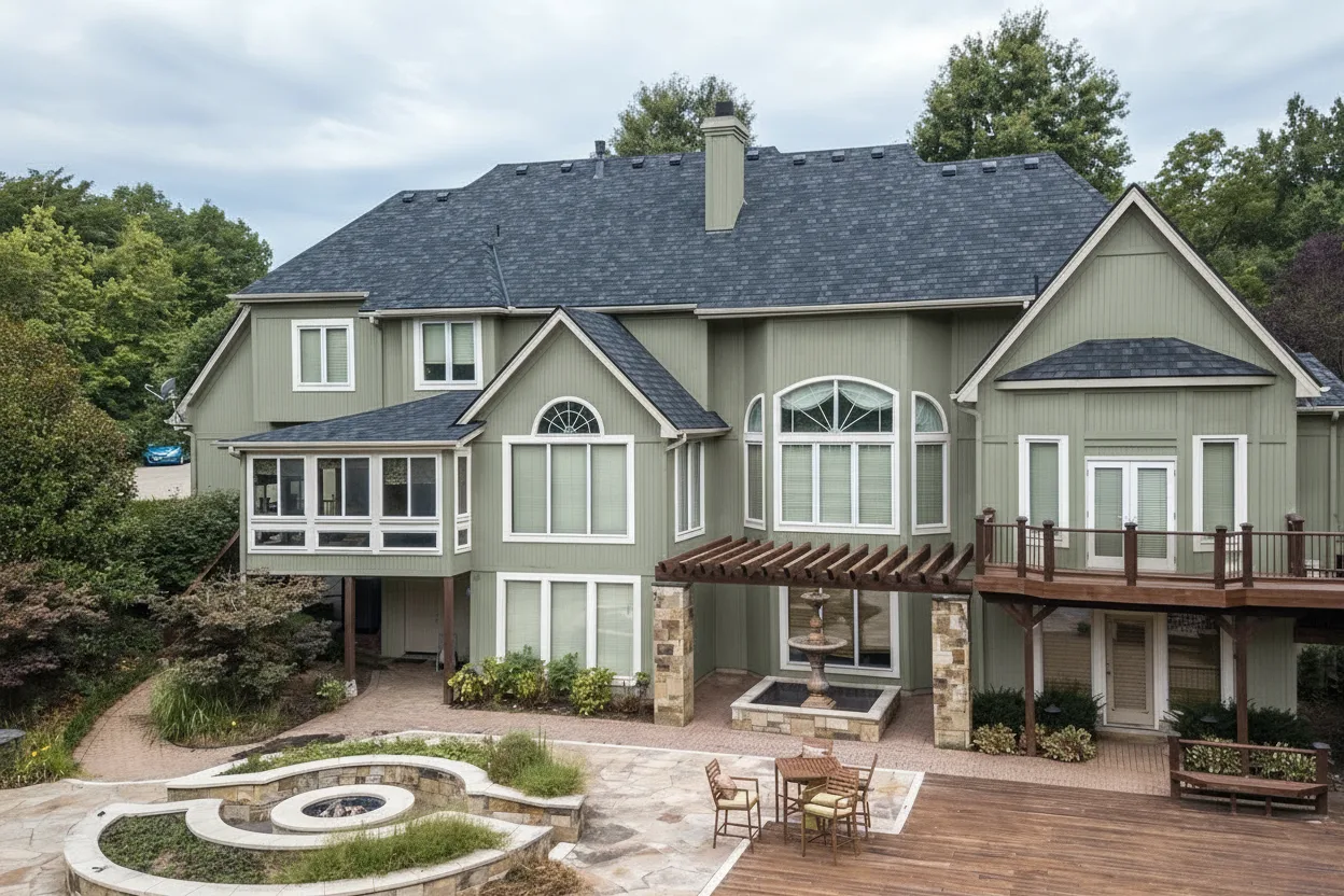 Sage Green house with Charcoal roof using Belmont Black Granite