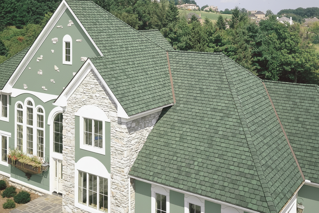 Sage Green house with Charcoal roof using Grand Manor Sherwood Forest