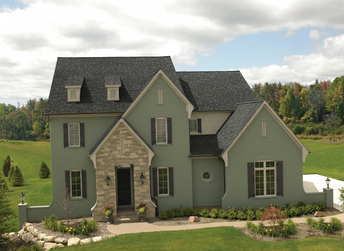 Sage Green house with Charcoal roof using Cambridge Harvard Slate