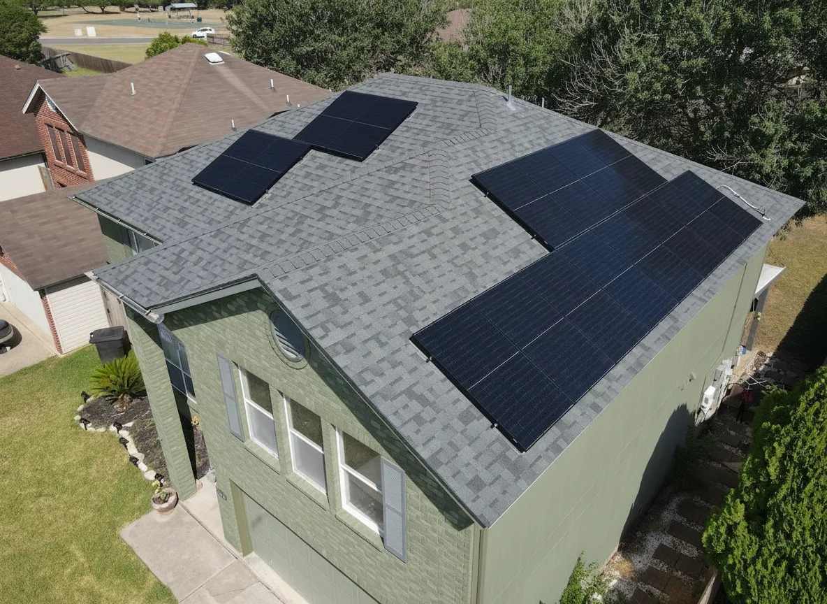 Sage Green house with Charcoal roof using Duration Estate Gray