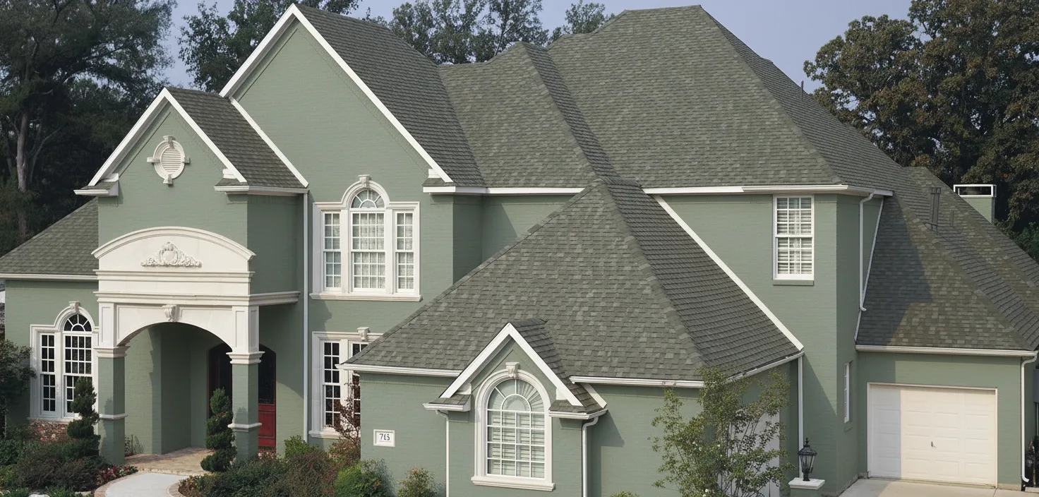 Sage Green house with Charcoal roof using Heritage Oxford Grey