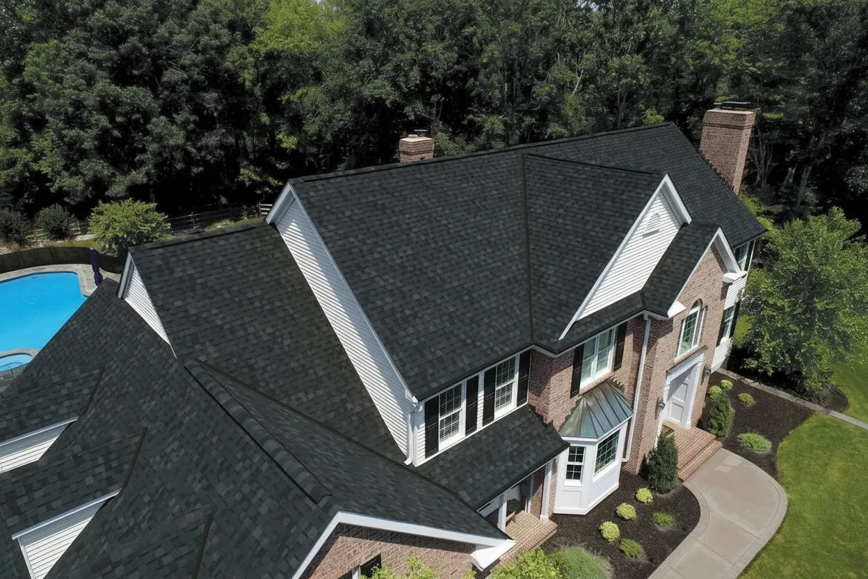 Tan house with Black roof using Dynasty Granite Black