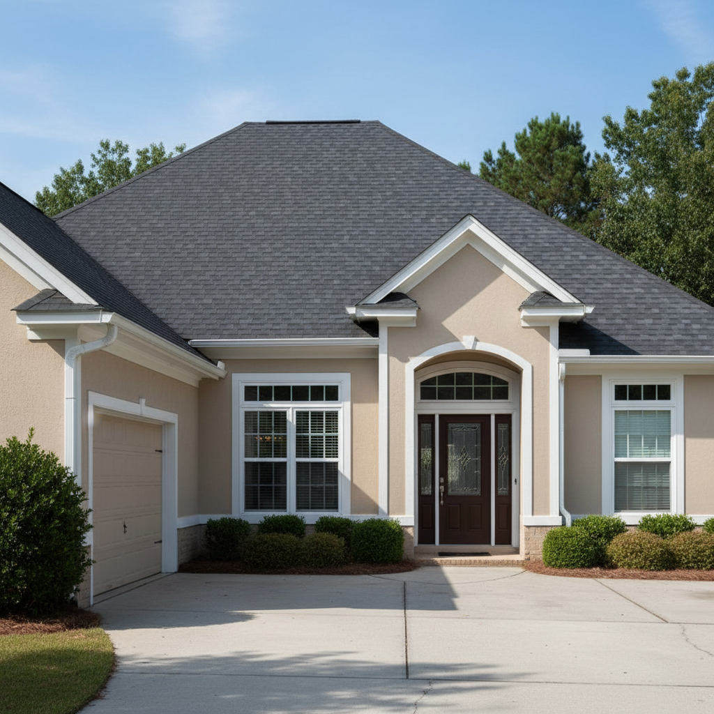Tan house with Black roof using Royal Estate Shadow Slate