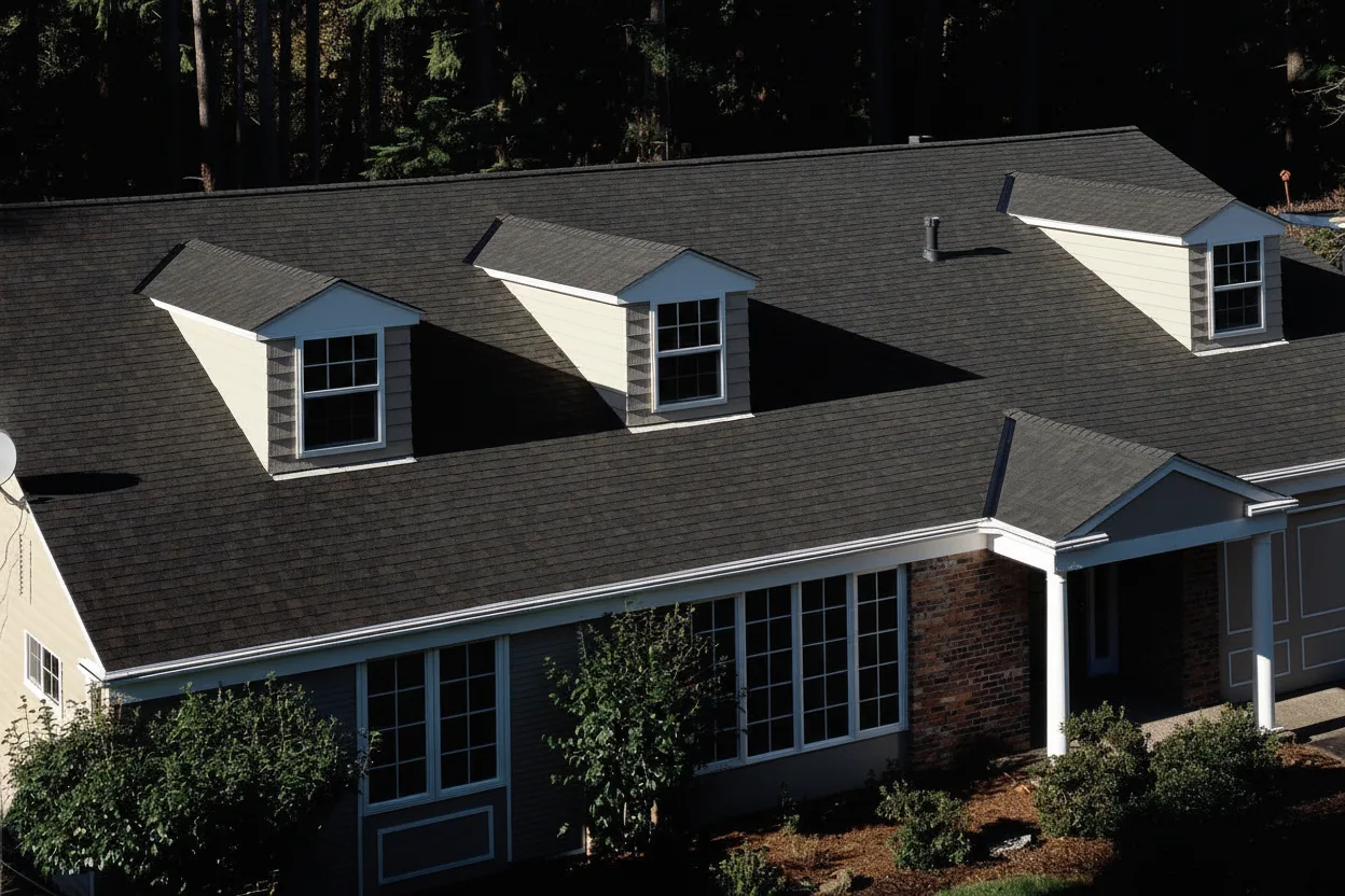 Tan house with Brown roof using Landmark Black Walnut